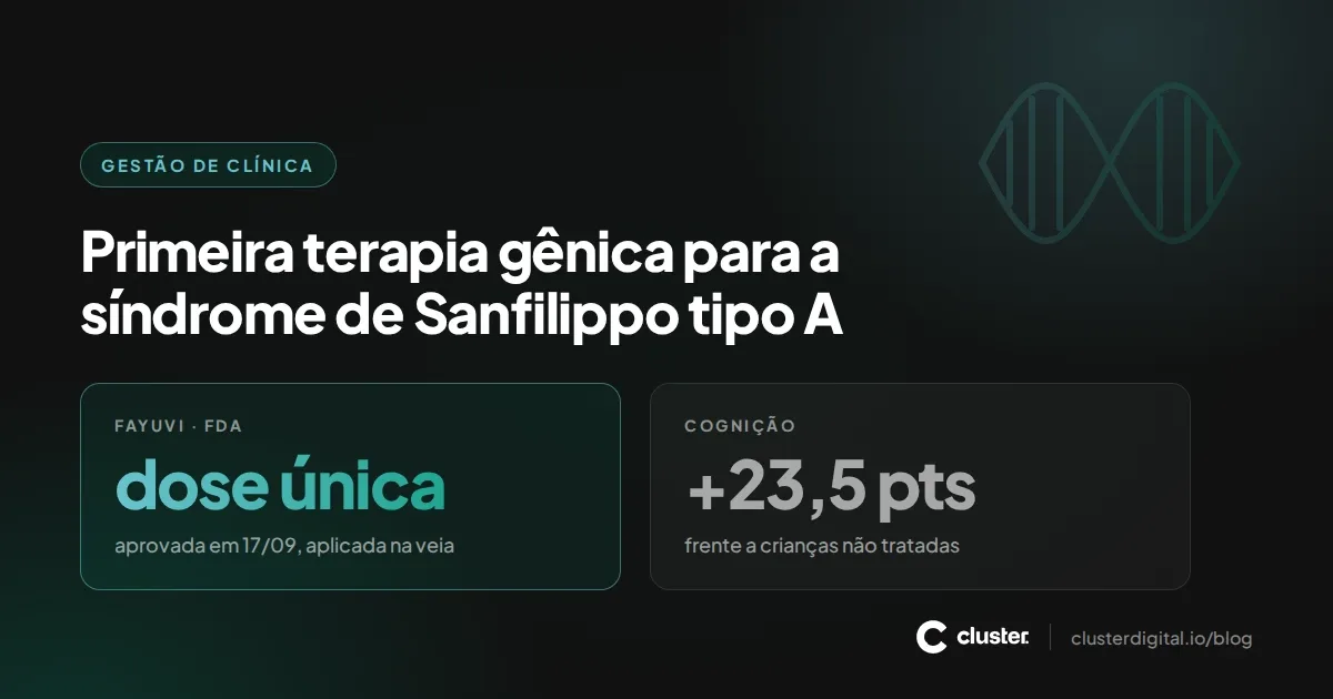 Capa com a hélice de DNA e os destaques do Fayuvi: dose única e 23,5 pontos a mais de cognição frente a crianças não tratadas.