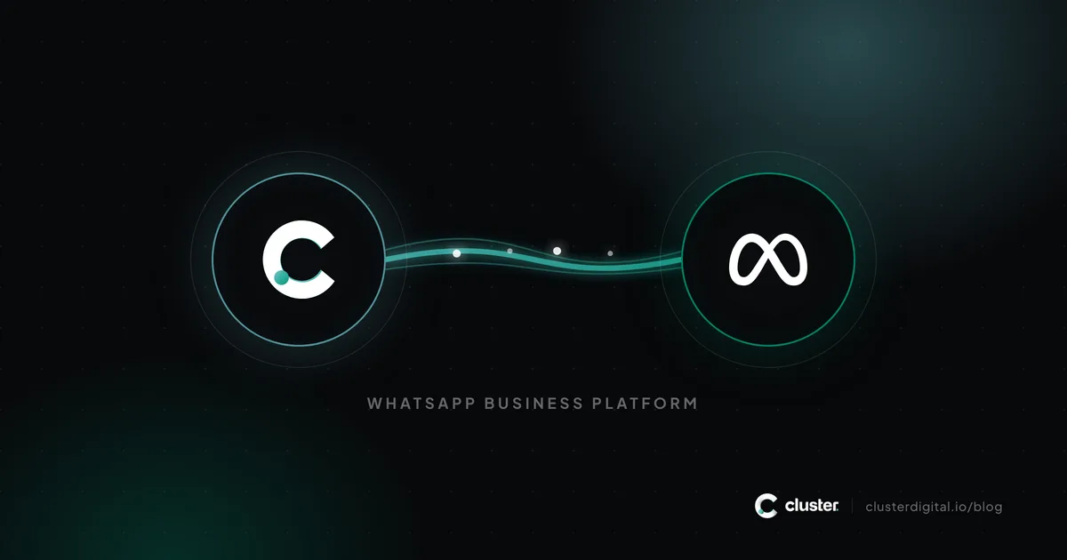 Símbolo da Cluster e logo da Meta ligados por um feixe de luz, com a legenda WhatsApp Business Platform.